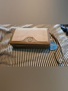 Taupe Women's Zip-Around Wristlet Wallet with Logo Medallion